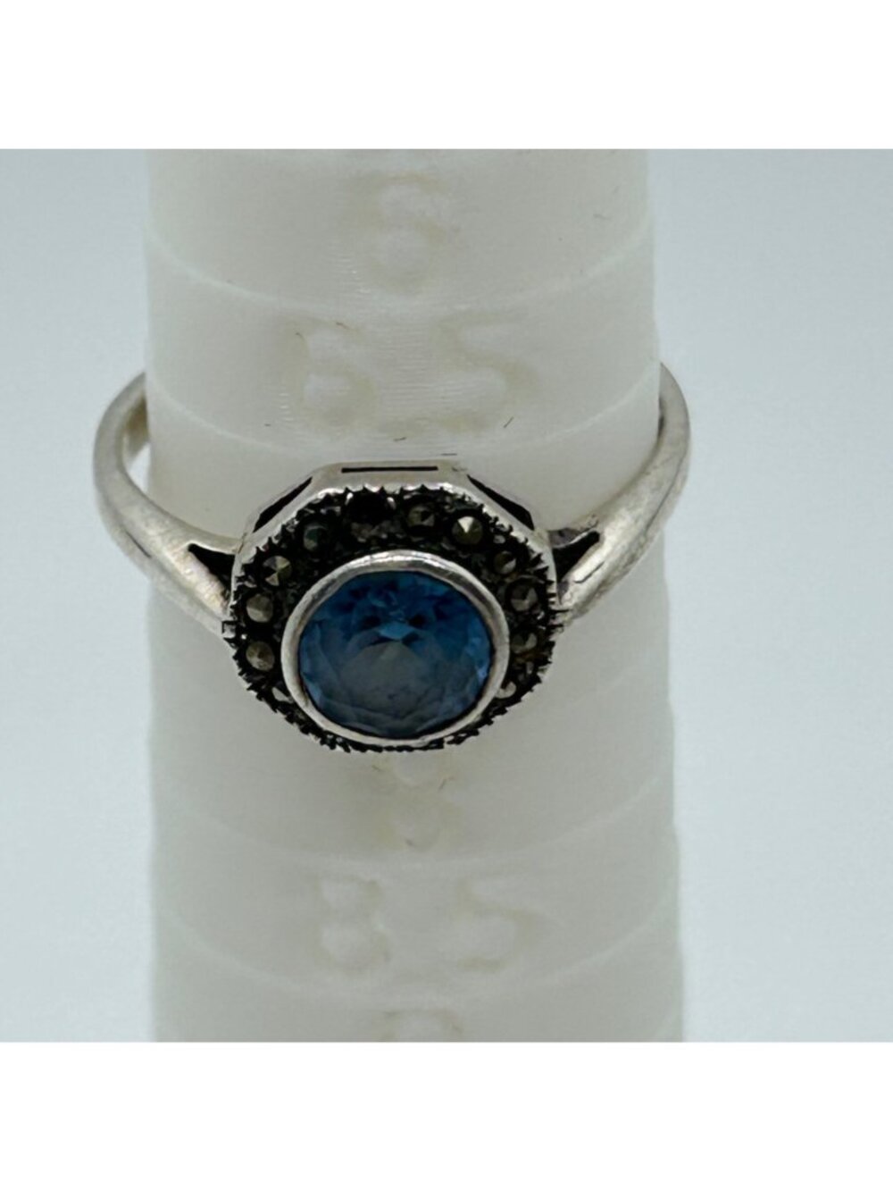 Vintage 925 Sterling Silver Blue Stone & Marcasite Halo Ring Size 6 - Picture 9 of 15